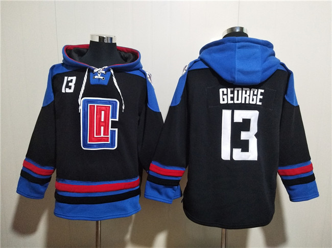 Men's Los Angeles Clippers #13 Paul George Black/Blue Lace-Up Pullover Hoodie